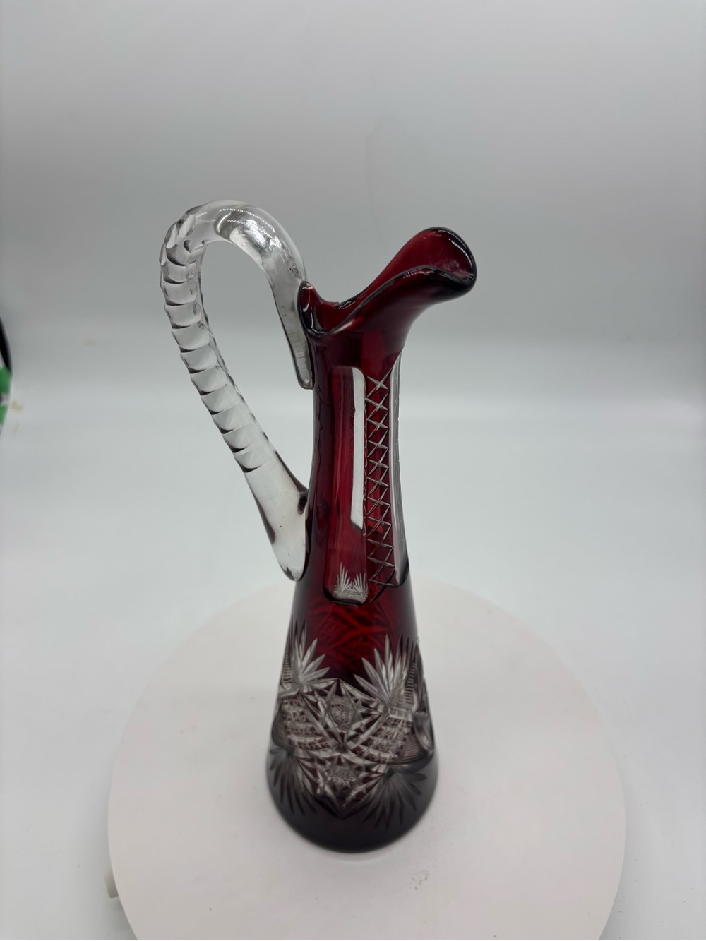 Elegant Vintage Czech Ruby Red Cut To Clear Crystal Pitcher